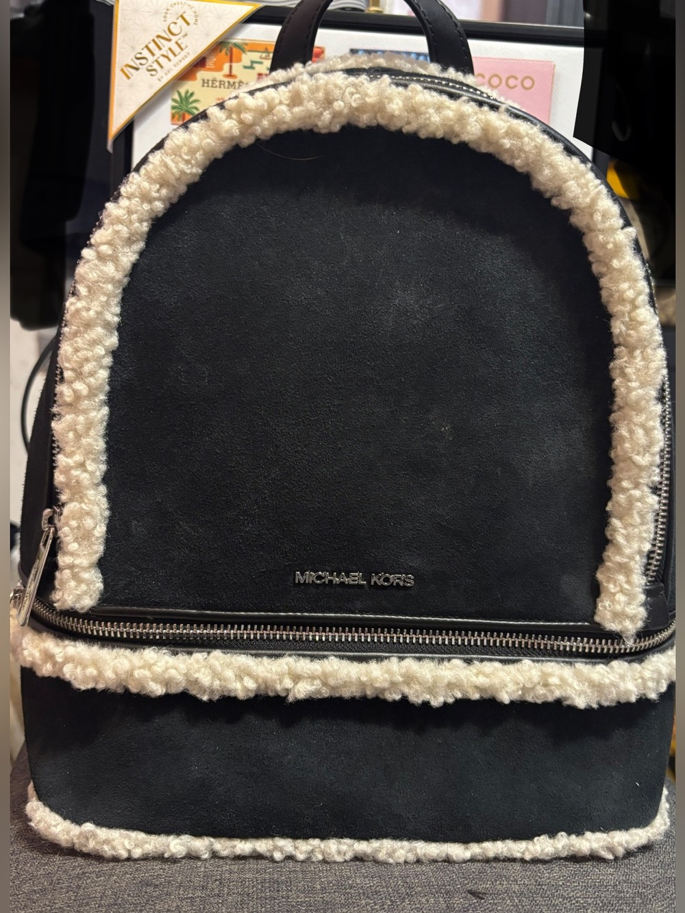 Michael Kors Black Suede Backpack with Cream Shearling Trim